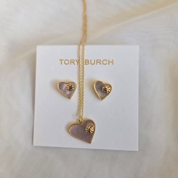 NEW Tory Burch Mother of Pearl Heart Earrings & Necklace Set 18K Gold Plated - Picture 3 of 7